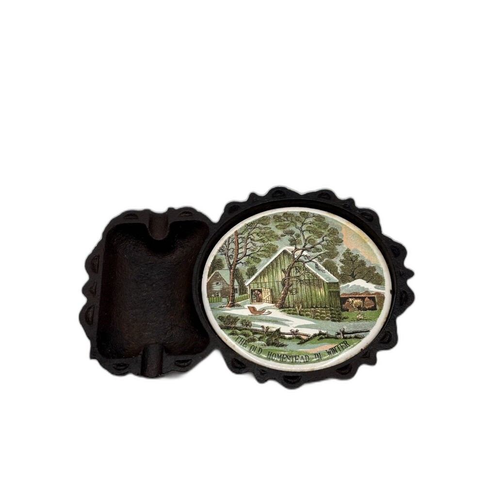 Vintage Cast Iron Ashtray/Coaster Japan 1950's/60's The Old Homestead In Winter